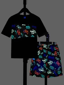 SHEIN Boys Reflective Gamepad Print Tee & Shorts - Multicolor - View 1