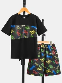SHEIN Boys Reflective Gamepad Print Tee & Shorts - Multicolor - View 2