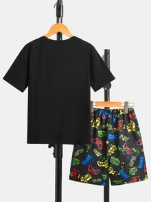 SHEIN Boys Reflective Gamepad Print Tee & Shorts - Multicolor - View 3