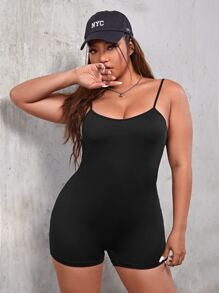 SHEIN EZwear Plus Solid Unitard Cami Romper - Black - View 5