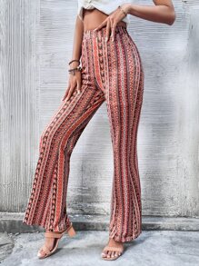 SHEIN VCAY Geo Print Flare Leg Trousers - Red - View 1