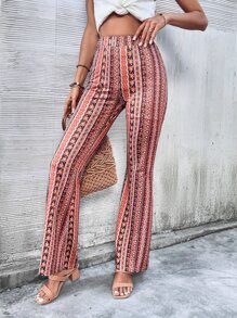 SHEIN VCAY Geo Print Flare Leg Trousers - Red - View 5