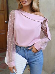 SHEIN Clasi Asymmetrical Neck Contrast Dobby Mesh Bishop Sleeve Bodysuit - Baby Pink - View 1