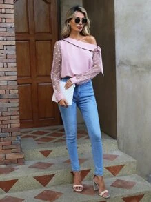 SHEIN Clasi Asymmetrical Neck Contrast Dobby Mesh Bishop Sleeve Bodysuit - Baby Pink - View 3