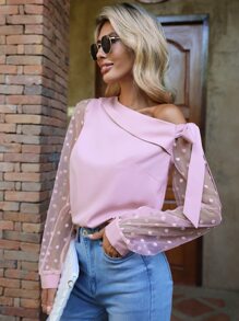 SHEIN Clasi Asymmetrical Neck Contrast Dobby Mesh Bishop Sleeve Bodysuit - Baby Pink - View 4