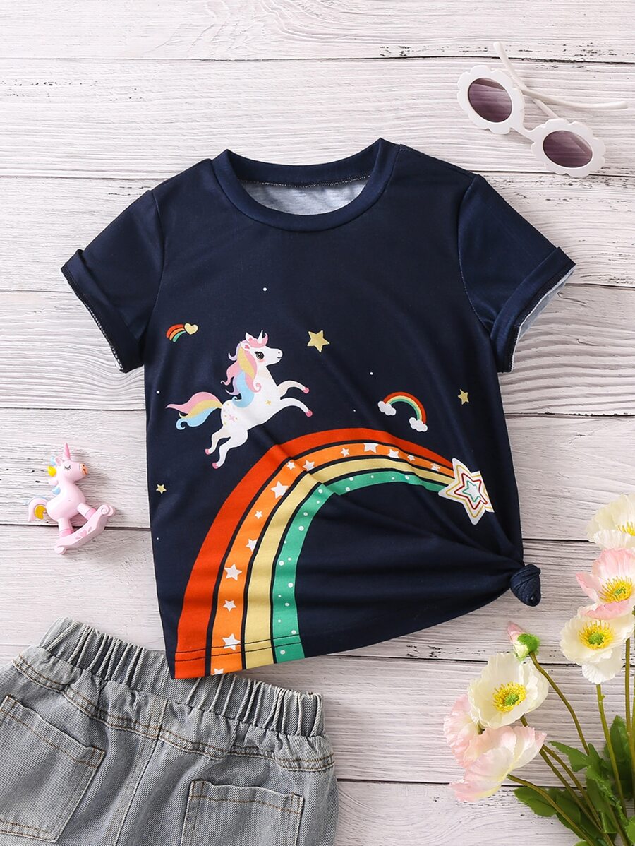 Toddler Girls 1pc Rainbow & Unicorn Print Tee - Navy Blue - View 1