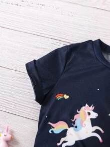 Toddler Girls 1pc Rainbow & Unicorn Print Tee - Navy Blue - View 5
