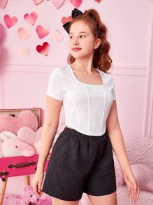 SHEIN Teenage Girl Elegant U-Neck Pleated Curved Hem Textured Solid Color Short Sleeve T-Shirt, Summer - White - View 5