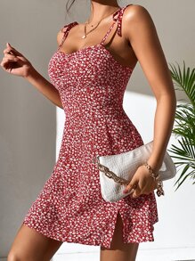 SHEIN PETITE 小碎花肩上打結吊帶洋裝