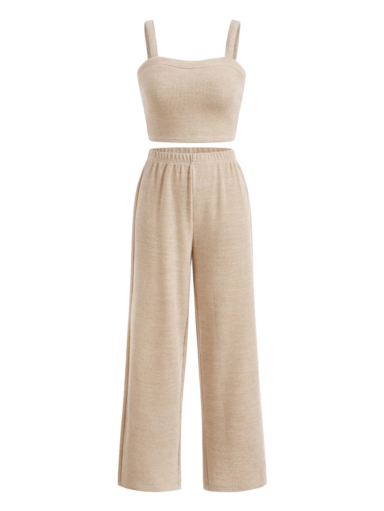 SHEIN Essnce Plus Solid Crop Cami Top & Wide Leg Pants - Khaki - View 1