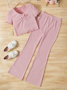 SHEIN Bộ hai mảnh Gái Nơ Bướm Xù nhỏ Xù màu trơn Dễ thương - Màu Hồng baby - Xem 1