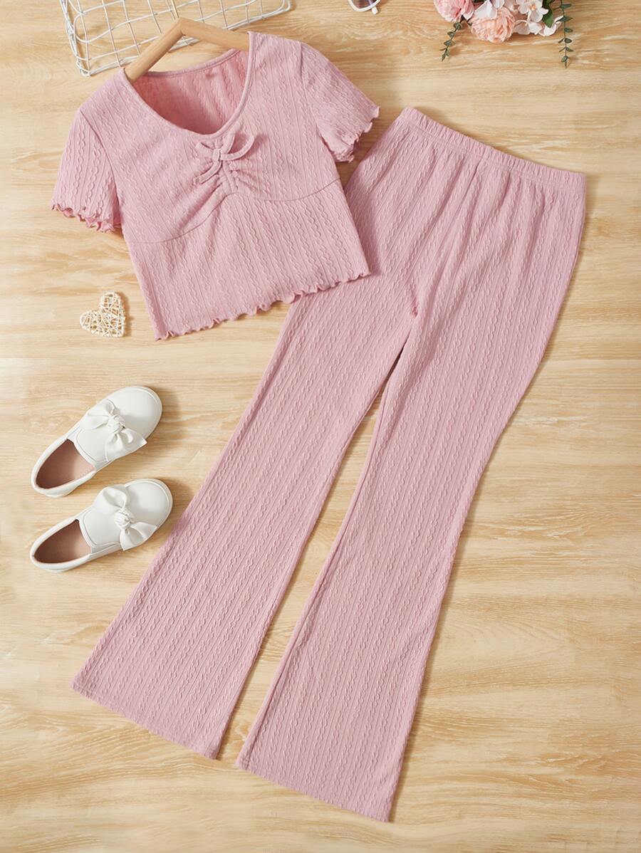 SHEIN Bộ hai mảnh Gái Nơ Bướm Xù nhỏ Xù màu trơn Dễ thương - Màu Hồng baby - Xem 1