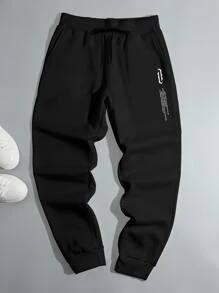 Manfinity Hombres Pantalones deportivos con estampado de slogan - Negro - Ver 4