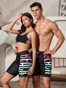 2pcs Letter Graphic Summer Beach Bikini Set - Black - View 2