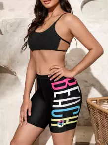 2pcs Letter Graphic Summer Beach Bikini Set - Black - View 1