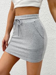 SHEIN PETITE Drawstring Waist Slant Pocket Bodycon Skirt - Light Grey - View 1
