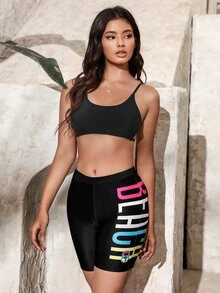 2pcs Letter Graphic Summer Beach Bikini Set - Black - View 3