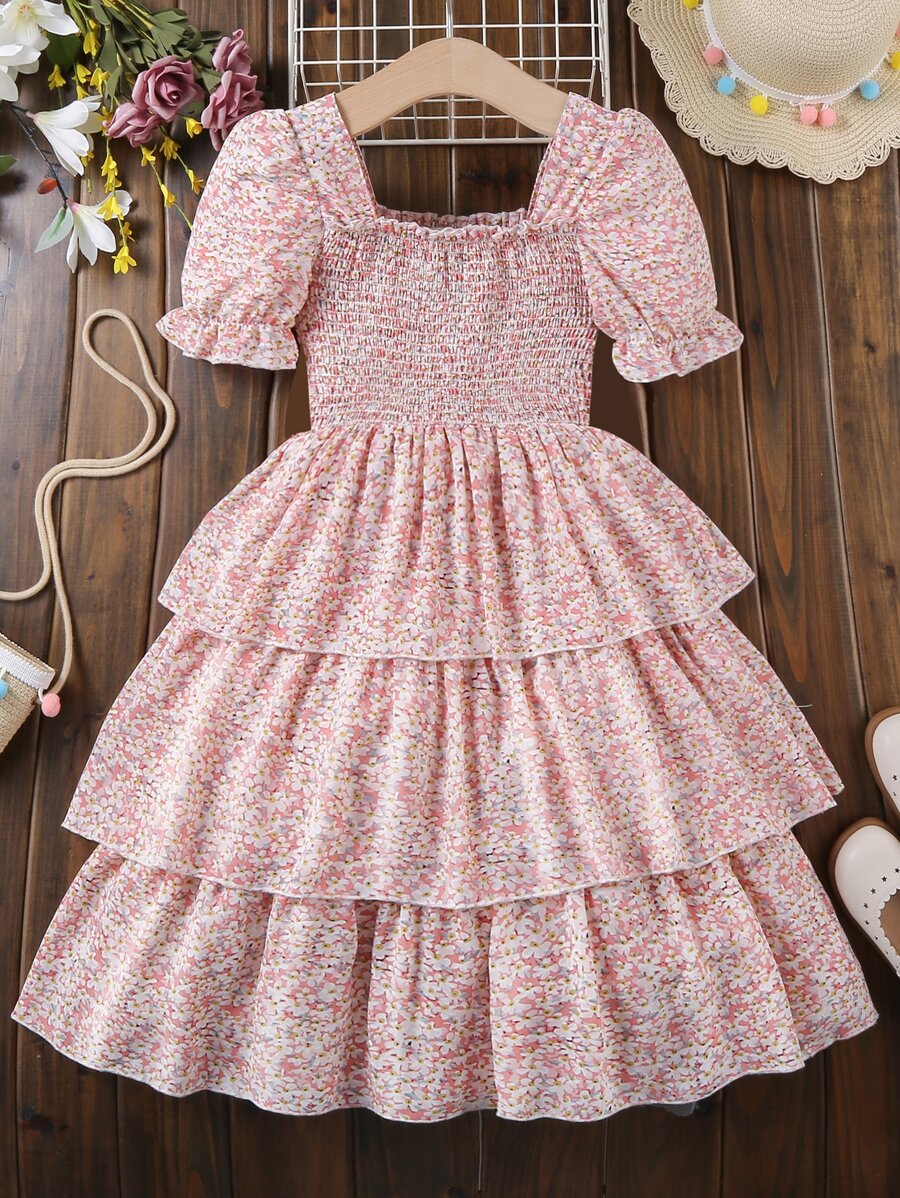 Đầm Gái Xù phân lớp Dải chun Họa tiết hoa Boho - Hồng - Xem 1