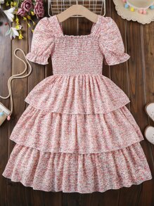 Đầm Gái Xù phân lớp Dải chun Họa tiết hoa Boho - Hồng - Xem 2