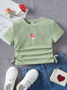 SHEIN 女孩打結細節蘑菇圖案短款T恤 - 薄荷綠 - 查看 1