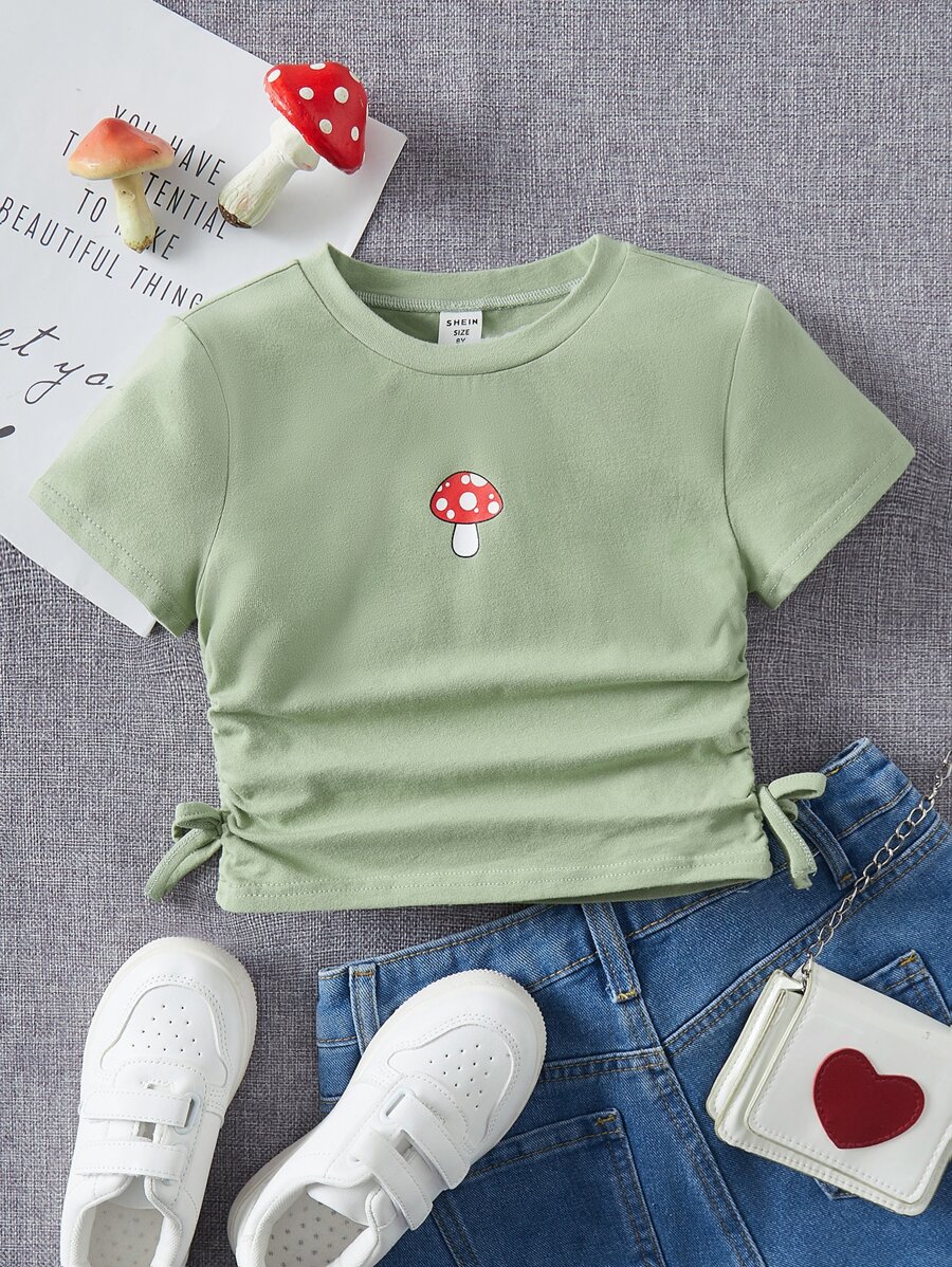 SHEIN 女孩打結細節蘑菇圖案短款T恤 - 薄荷綠 - 查看 1