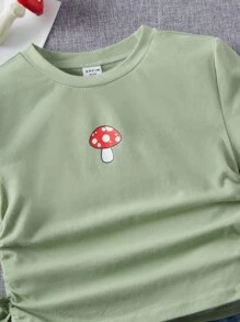 SHEIN 女孩打結細節蘑菇圖案短款T恤 - 薄荷綠 - 查看 3