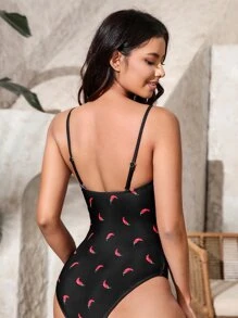 Chili Print Smocked One Piece Swimsuit - Black - View 3