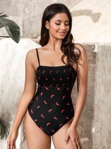 Chili Print Smocked One Piece Swimsuit - Black - View 6