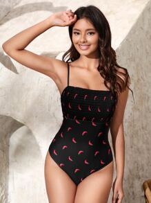 Chili Print Smocked One Piece Swimsuit - Black - View 7