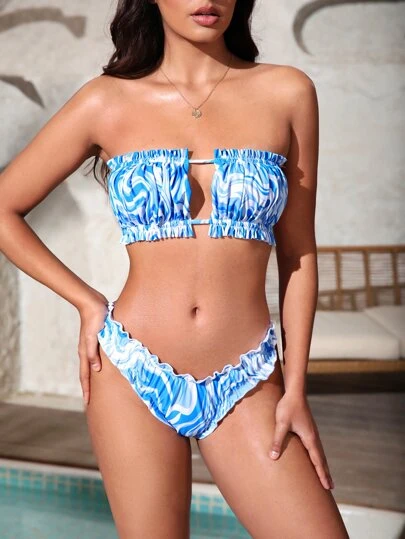 Allover Print Bandeau Summer Beach Bikini Set