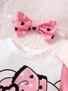 SHEIN Baby Girl Cartoon Graphic Romper & Accessory Headband - White - View 3