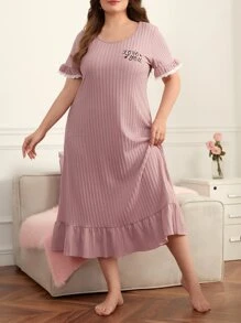 Vestido de pijama de dormir con gráfico de lema, dobladillo con volantes y tejido de gofre, vestido largo, tallas grandes - Rosa vieja - Ver 1