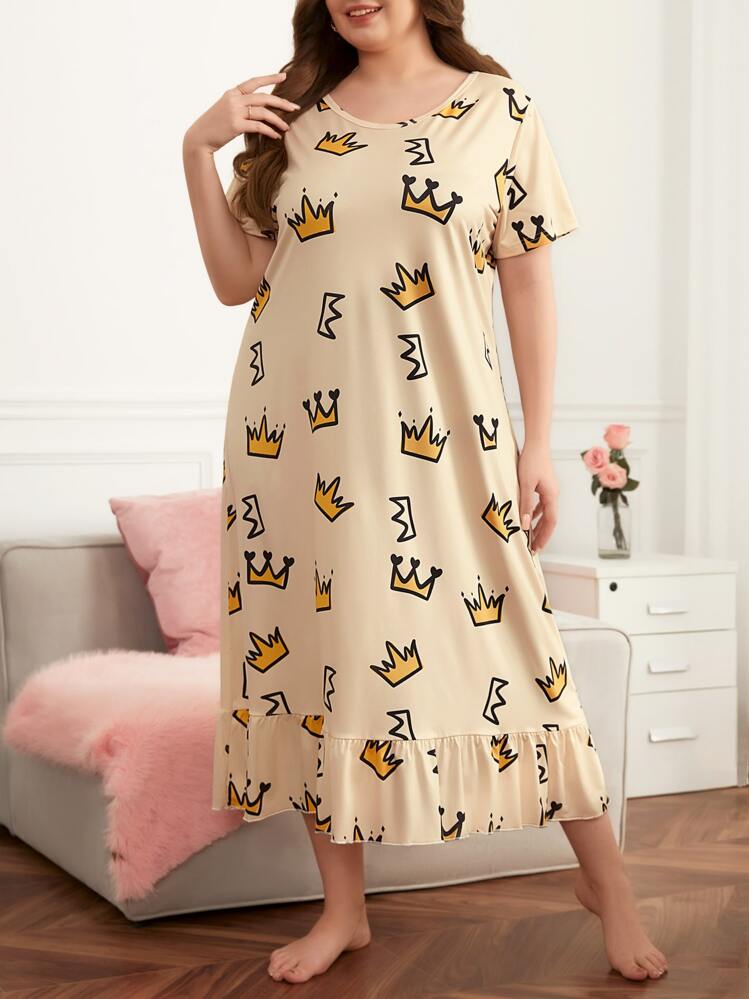 大碼皇冠圖案睡裙 - 米色 - 查看 1