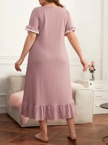 Vestido de pijama de dormir con gráfico de lema, dobladillo con volantes y tejido de gofre, vestido largo, tallas grandes - Rosa vieja - Ver 2