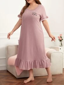 Vestido de pijama de dormir con gráfico de lema, dobladillo con volantes y tejido de gofre, vestido largo, tallas grandes - Rosa vieja - Ver 3