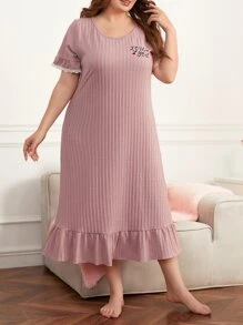 Vestido de pijama de dormir con gráfico de lema, dobladillo con volantes y tejido de gofre, vestido largo, tallas grandes - Rosa vieja - Ver 5