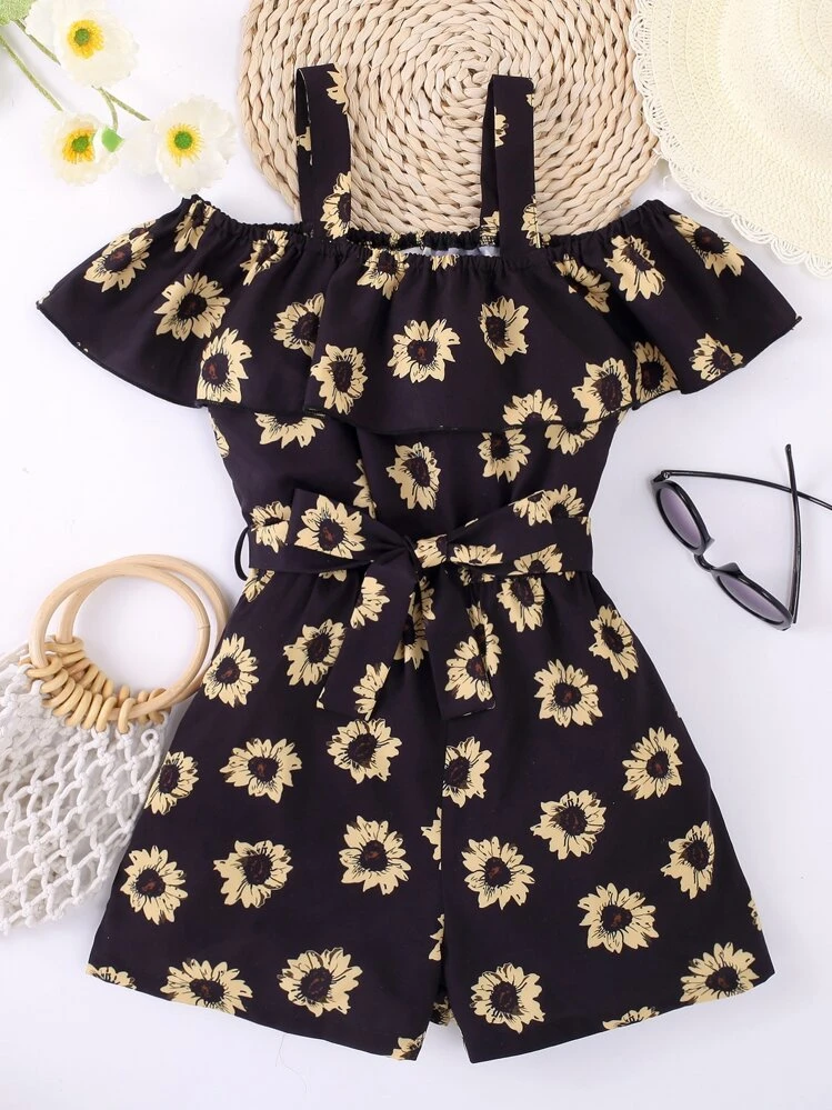 Combi-short d'épaule imprimé fleuri pour fille, style de vacances mignon à motif floral avec design d'épaule ouverte, doux et respirant - Noir - Voir 1