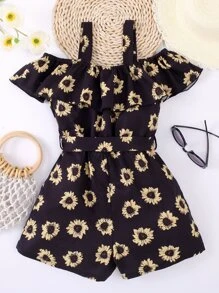 Tween Girl Floral Print Open Shoulder Jumpsuit Sweet Vacation Style Floral Pattern Open Shoulder Design Soft & Breathable - Black - View 2