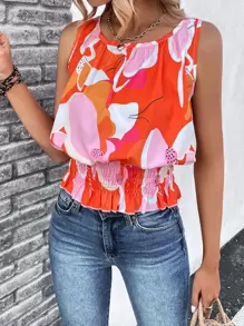 Breezaya Allover Print Shirred Detail Peplum Blouse - Orange - View 5