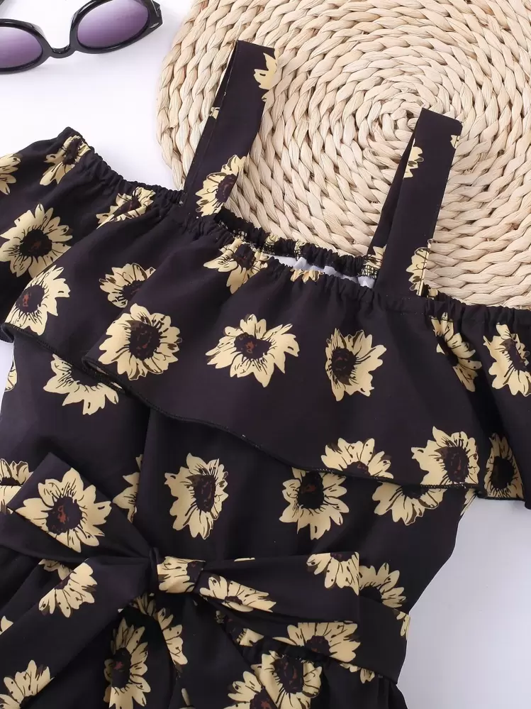 Combi-short d'épaule imprimé fleuri pour fille, style de vacances mignon à motif floral avec design d'épaule ouverte, doux et respirant - Noir - Voir 3