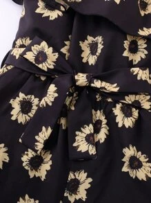 Tween Girl Floral Print Open Shoulder Jumpsuit Sweet Vacation Style Floral Pattern Open Shoulder Design Soft & Breathable - Black - View 4