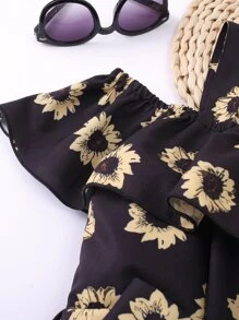 Tween Girl Floral Print Open Shoulder Jumpsuit Sweet Vacation Style Floral Pattern Open Shoulder Design Soft & Breathable - Black - View 5