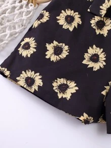 Tween Girl Floral Print Open Shoulder Jumpsuit Sweet Vacation Style Floral Pattern Open Shoulder Design Soft & Breathable - Black - View 6