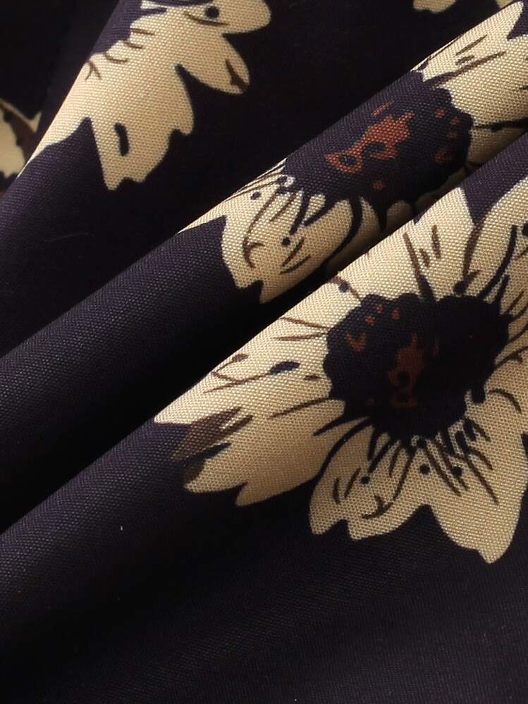 Combi-short d'épaule imprimé fleuri pour fille, style de vacances mignon à motif floral avec design d'épaule ouverte, doux et respirant - Noir - Voir 7