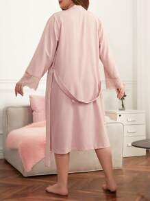 Bata con cinturón ribete con encaje - Rosa Pálido - Ver 2