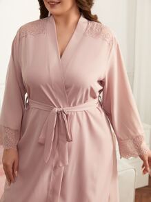 Bata con cinturón ribete con encaje - Rosa Pálido - Ver 3