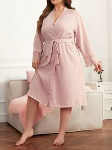 Bata con cinturón ribete con encaje - Rosa Pálido - Ver 4