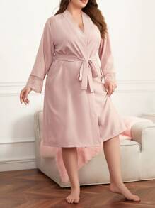 Bata con cinturón ribete con encaje - Rosa Pálido - Ver 5