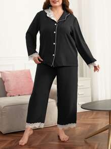 Plus Lace Trim Drop Shoulder PJ Set - Black - View 1