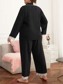 Plus Lace Trim Drop Shoulder PJ Set - Black - View 2